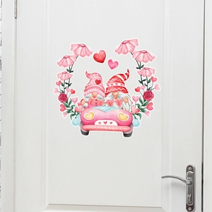 Valentine gnomes in pink car wall sticker on white wooden door for home decor