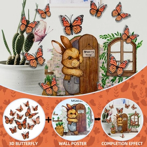 Detail of 3D orange butterfly wall stickers and cute rabbit decals for home stair decoration