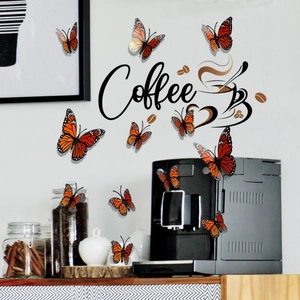 3D monarch butterfly wall stickers with coffee quote decor for home kitchen styling