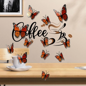 3D orange butterfly wall decals with Coffee text stickers for cozy home wall decor