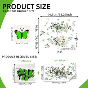 Green floral wall decals and 3D luminous butterflies with detailed size dimensions