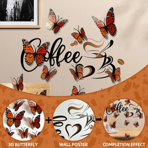Detail of 3D textured autumn butterflies and decorative coffee wall stickers for home decor