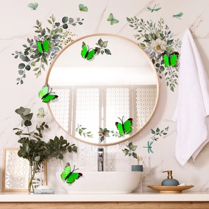 3D vibrant green butterfly wall stickers with flower decals in a modern bathroom setup