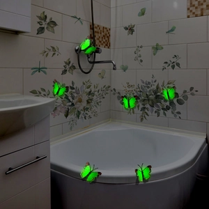 Glow in the dark green floral wall stickers with 3D luminous double layer butterflies
