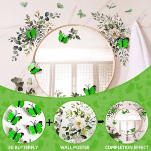 Detailed view of 3D green butterflies and floral wall stickers for home decoration