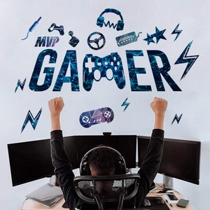Self-adhesive GAMER and MVP wall stickers with controller icons for gaming room decor