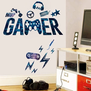 Detail showing MVP GAMER wall sticker with gamepad and headset icons for gaming room decor