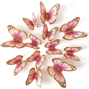 Set of 12 3D pink gradient butterfly wall stickers with golden edges for home decoration