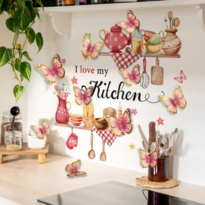 Waterproof Kitchen Wall Sticker Set With 3D Butterfly Decoration PVC Illustration Utensils Decal For Home Dining Room Decor