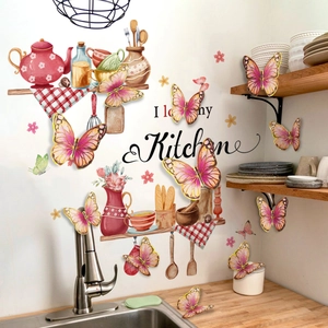 I love my Kitchen wall stickers set with 3D pink butterflies and watercolor utensils