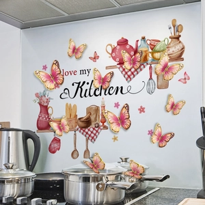 3D pink and gold butterfly wall stickers with watercolor kitchenware decals for decor
