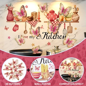 Detailed view of 3D pink butterflies and Kitchen wall stickers with warm marble backdrop