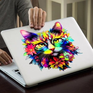 Holographic gradient cat and floral vinyl decal sticker on silver laptop cover