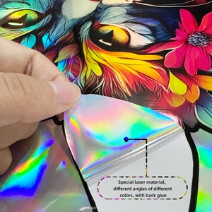 Detailed macro view showing holographic laser texture and gradient colors on wall sticker