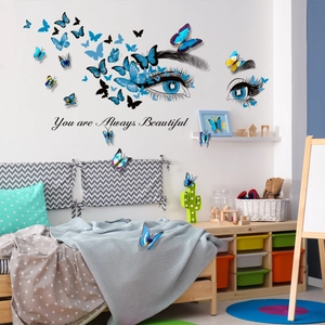 3D blue butterfly wall decals with eye art and You are Always Beautiful quote decor