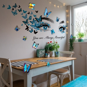 3D blue butterfly wall stickers with artistic eye pattern and beautiful text quote decor
