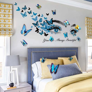 3D blue butterfly wall stickers with beautiful eye pattern and Always Beautiful quote