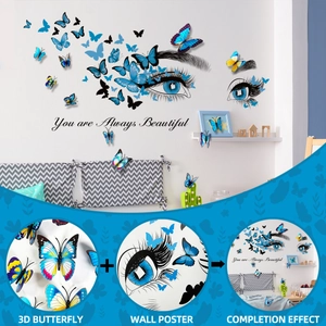 Detail view of 3D blue butterfly wall stickers and artistic eye poster with floral lashes