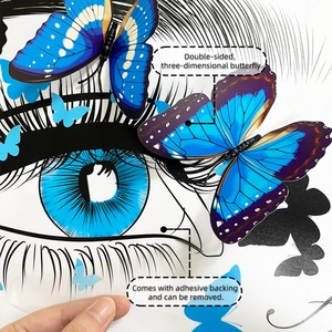 Macro shot of 3D double-sided blue butterfly wall decals with realistic wing textures
