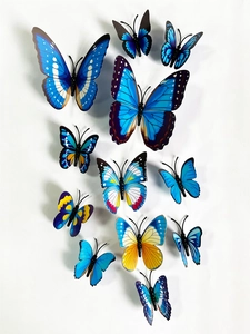 Set of 11 realistic 3D blue and yellow decorative butterfly wall stickers on white background