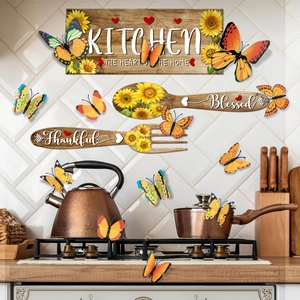 Kitchen wall stickers set with sunflower wood signs and colorful 3D butterfly wall decorations