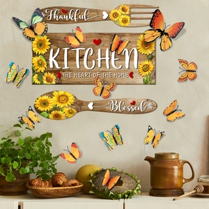 Sunflower kitchen wall plaques with Thankful and Blessed text and 3D colorful butterflies