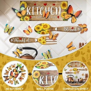 Detail of sunflower kitchen wall plaque set with 3D colorful butterfly decorations