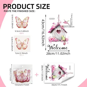 Pink welcome birdhouse wall sticker set with 12 pieces 3D butterfly decorations