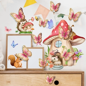 3D pink butterfly stickers and cartoon forest animal wall decals for kids room decor