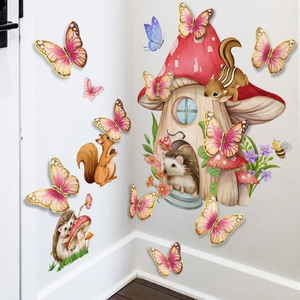 Cartoon mushroom house and forest animals wall stickers with 3D pink gold butterflies