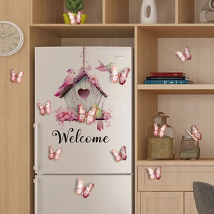 Welcome birdcage wall stickers with 12 pink 3D butterfly decorations for home decor