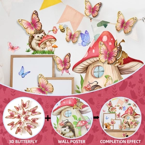 Detailed 3D pink gold butterflies and cartoon forest wall stickers for nursery decor