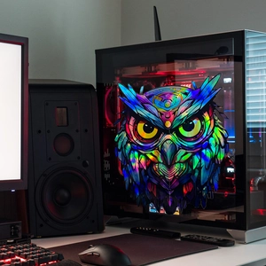 Adesivo gufo laser con effetto sfumato sul pannello laterale in vetro di un case PC
