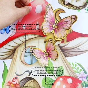 Detail of pink 3D butterfly wall stickers with gold edges and double-sided adhesive back