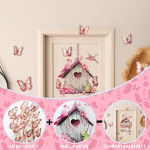 Detail view of 3D pink butterfly stickers and Welcome birdcage wall poster set