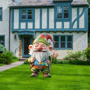 Garden gnome decorative stake with red hat and wooden staff on green lawn landscape