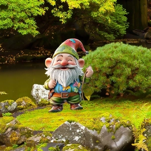 Detailed view of a cheerful garden gnome statue with bright red hat among garden plants