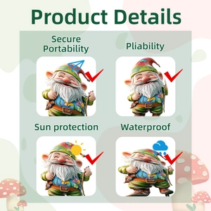 Detailed close-up showing sun protection and waterproof features of the garden gnome stake