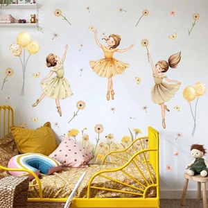Cartoon ballet girl wall stickers with balloons and butterflies for kids room decor