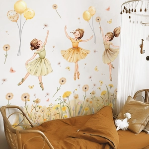 Cartoon ballerina wall stickers with dandelion and balloons for kids room decoration
