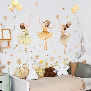 Nursery wall decals featuring ballet girls with balloons and butterflies in soft tones