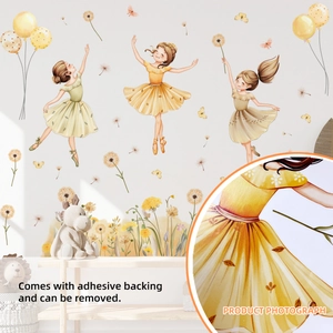 Ballerina wall stickers with yellow balloons and butterflies for girl room decoration