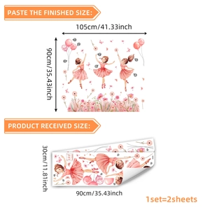 Pink cartoon ballerina wall stickers with butterflies and balloons for girls bedroom