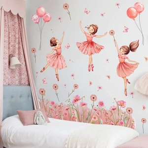 Watercolor ballet girl wall stickers with pink balloons and butterflies for girl bedroom