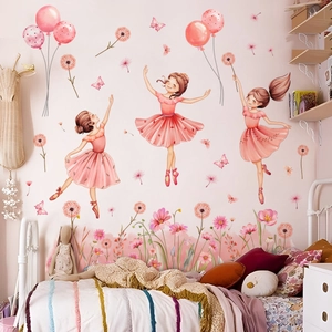 Cartoon ballet girl wall stickers with pink butterflies and balloons for kids' bedroom