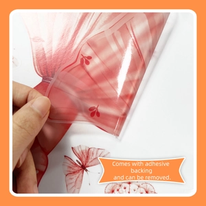 Detail of transparent PET wall sticker with adhesive backing showing dandelion girl pattern