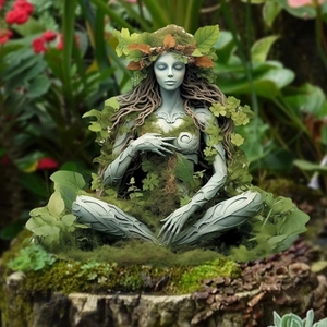 Garden Gaia Earth Mother statue with green leaf accents for outdoor landscape decoration