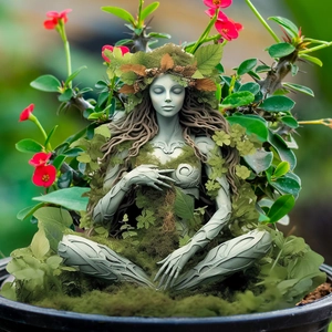 Statue de déesse de méditation verte avec mousse et vignes pour décor de jardin