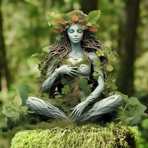 Macro detail of green nature goddess garden stake statue with moss and vine textures