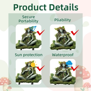 Green meditation goddess garden stake detail showing waterproof and sun-proof features